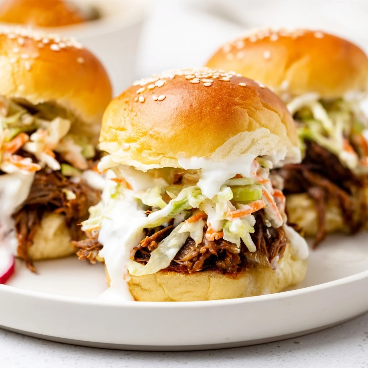 Creamy Alabama white sauce pulled lamb sliders topped with crunchy cabbage slaw on toasted buns
