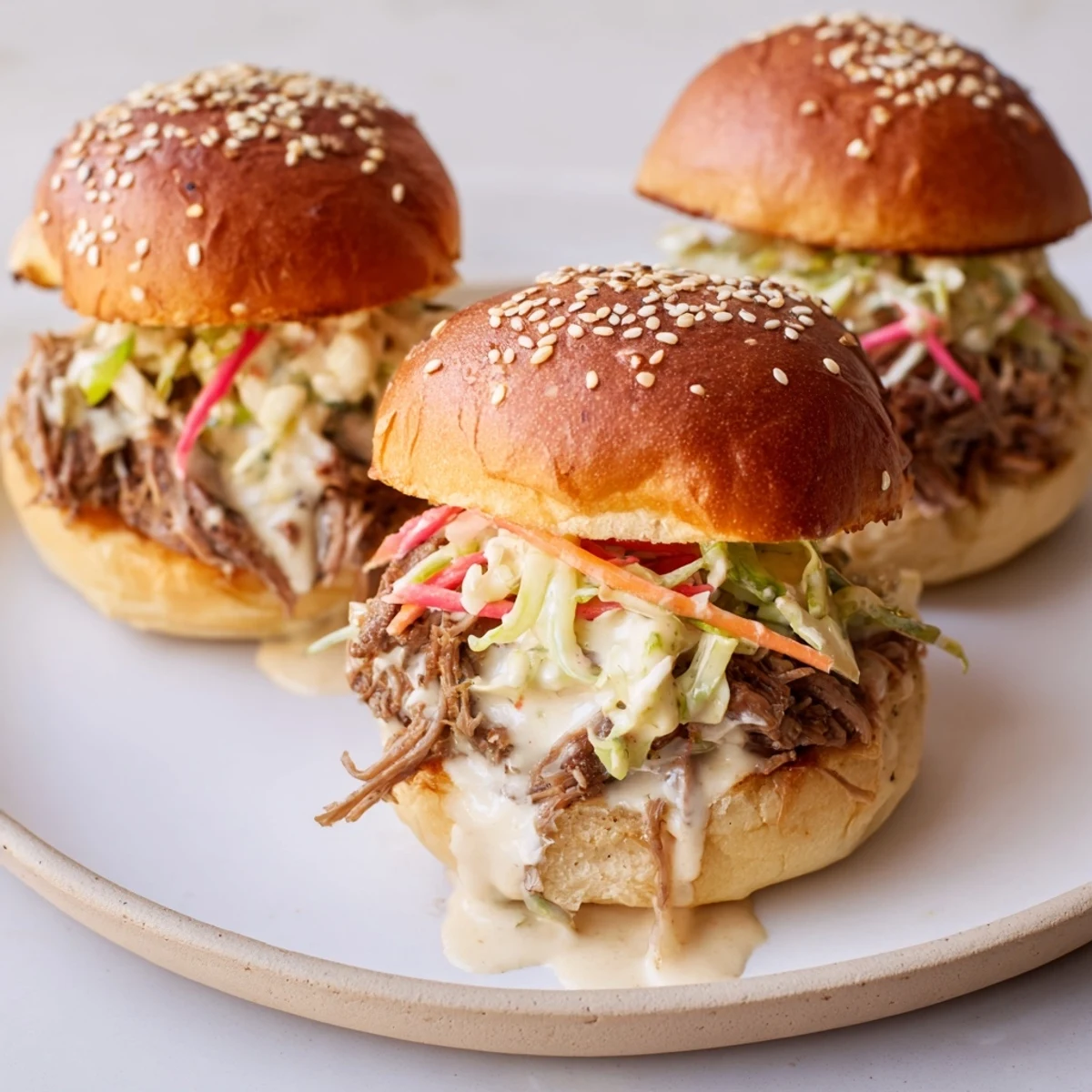 Tangy Alabama white sauce pulled lamb sliders with pickled onions on soft golden buns