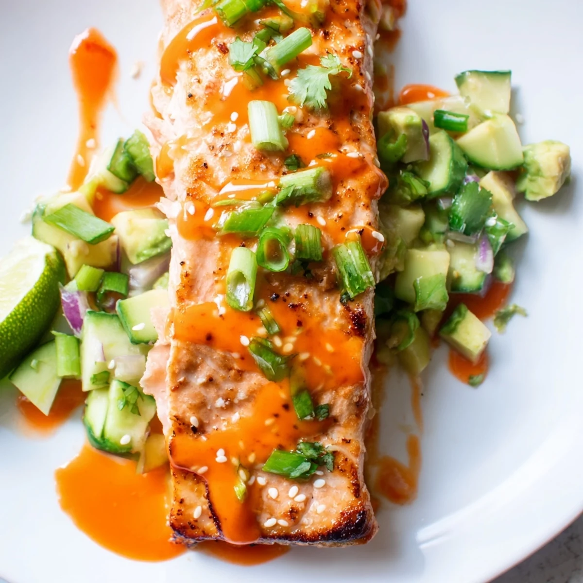 Crispy baked Bang Bang Salmon drizzled with spicy sauce and fresh avocado cucumber salsa on a white plate