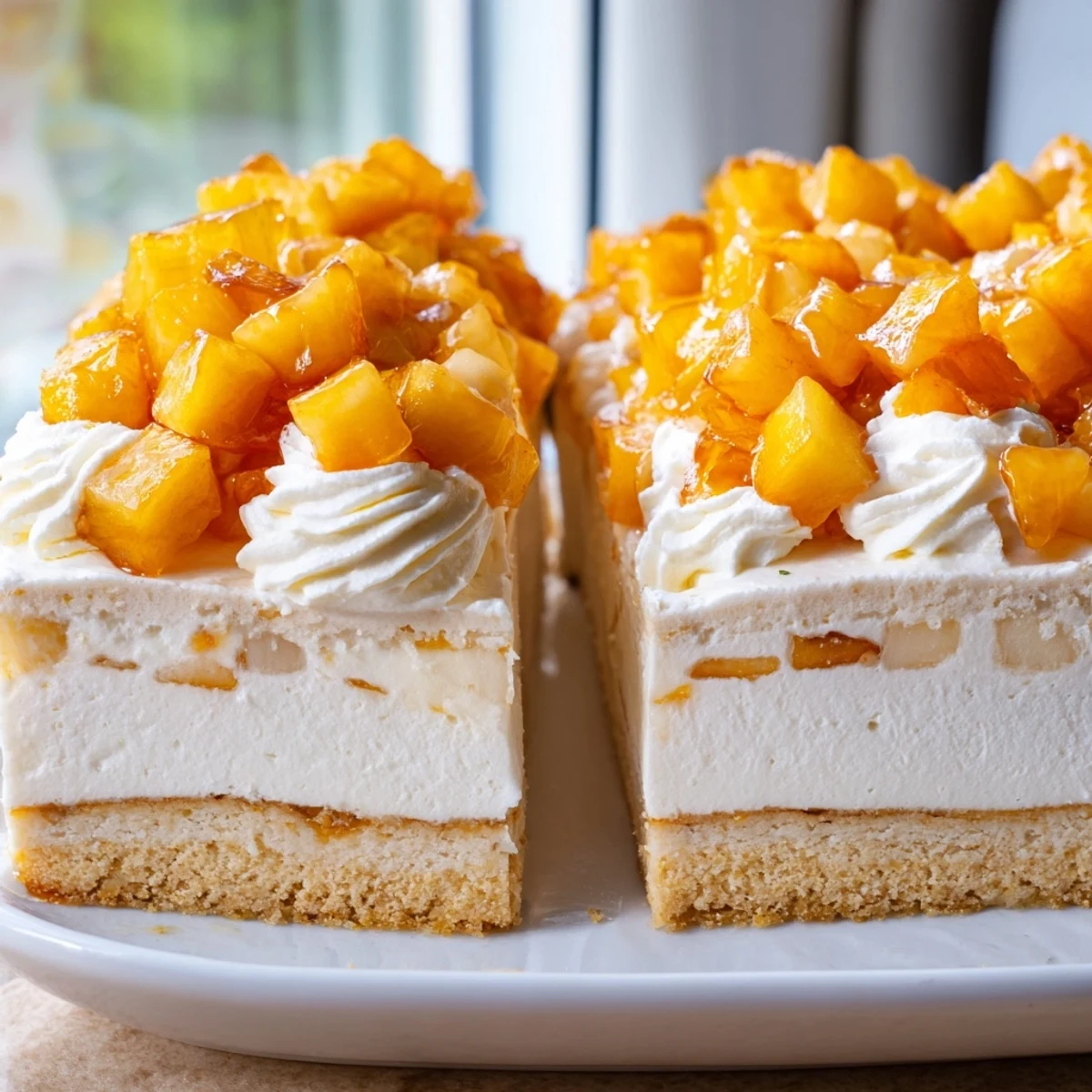 Creamy Peaches and Cream Cheesecake Bars with golden peach topping on graham crust