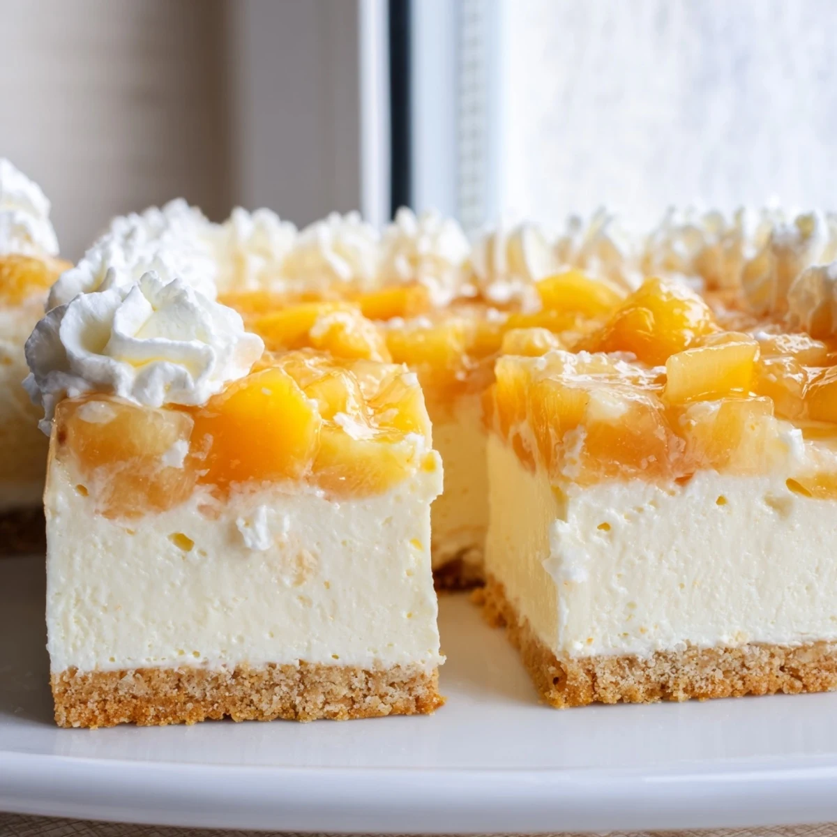 Golden baked Peaches and Cream Cheesecake Bars sliced and drizzled with sweet cream