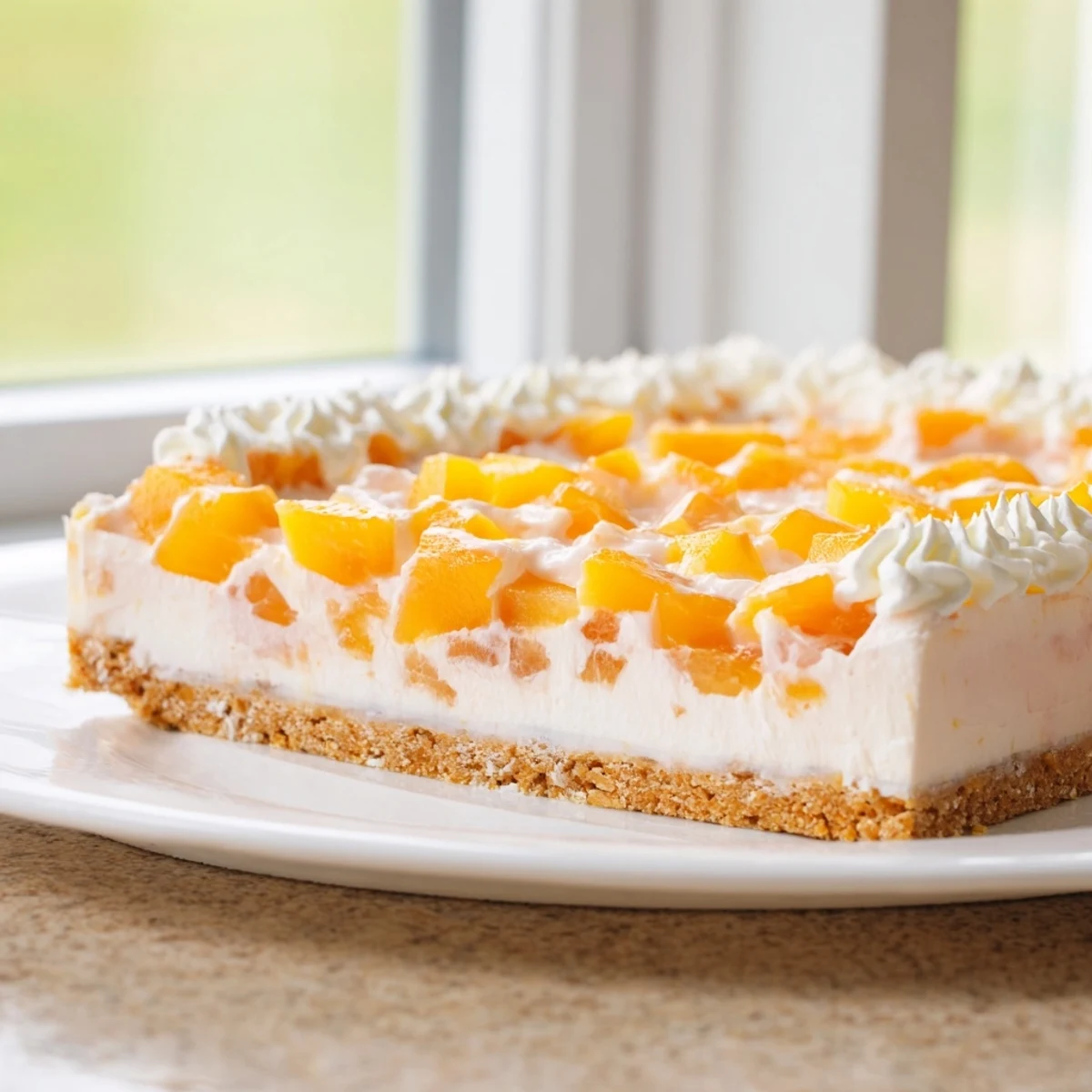 Chilled Peaches and Cream Cheesecake Bars showcasing juicy peach chunks over velvety filling
