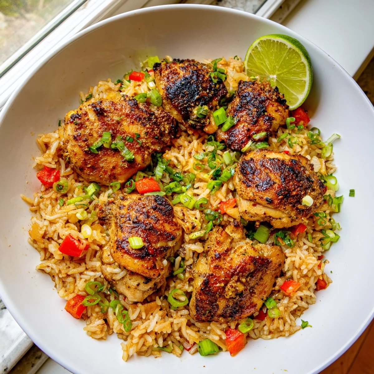 Golden jerk chicken thighs nestled in fragrant coconut rice with fresh herbs