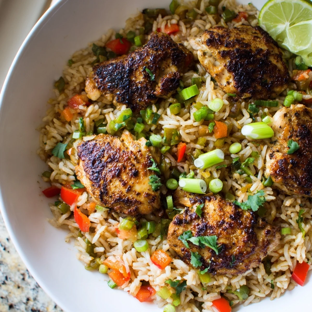 Tender charred jerk chicken over fluffy seasoned rice with colorful bell peppers