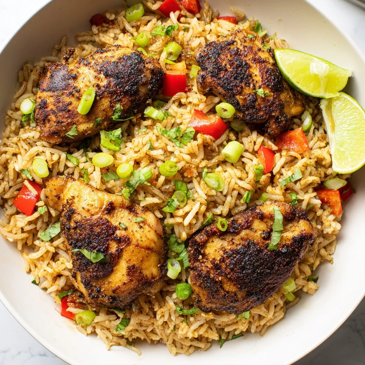 Spicy jerk chicken rice served steaming in a skillet with lime wedges
