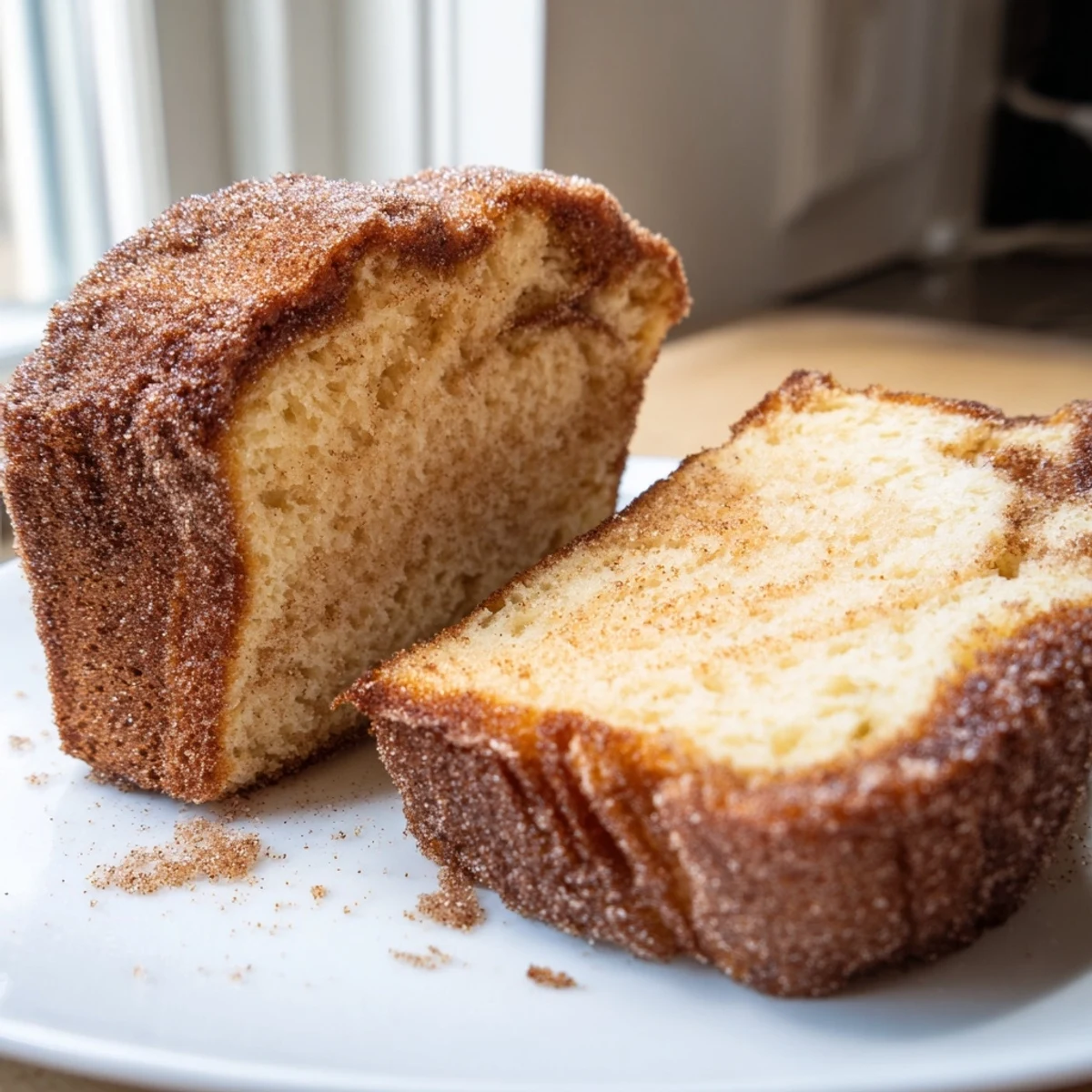 Golden cinnamon donut loaf sliced thick with a sparkling cinnamon-sugar crust on a rustic cutting board