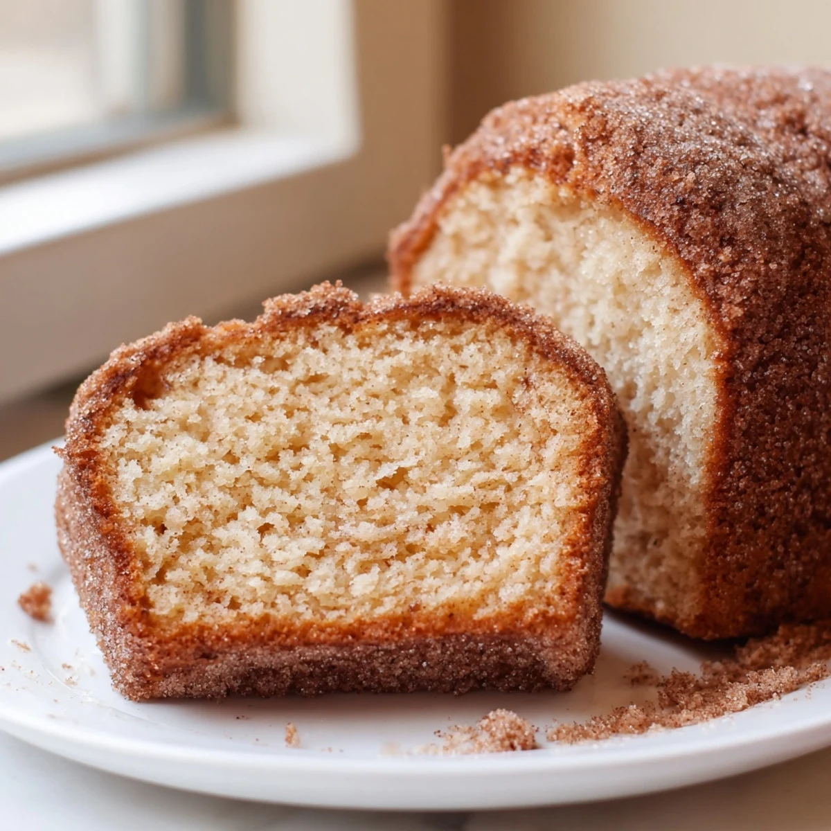 Warm cinnamon donut loaf brushed with melted butter and generously coated in sweet cinnamon sugar topping
