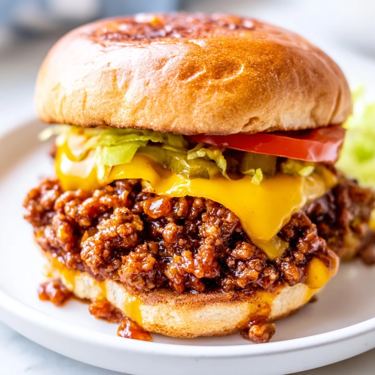 Juicy Smash Burger Sloppy Joes piled high on a golden toasted bun with melted cheddar cheese