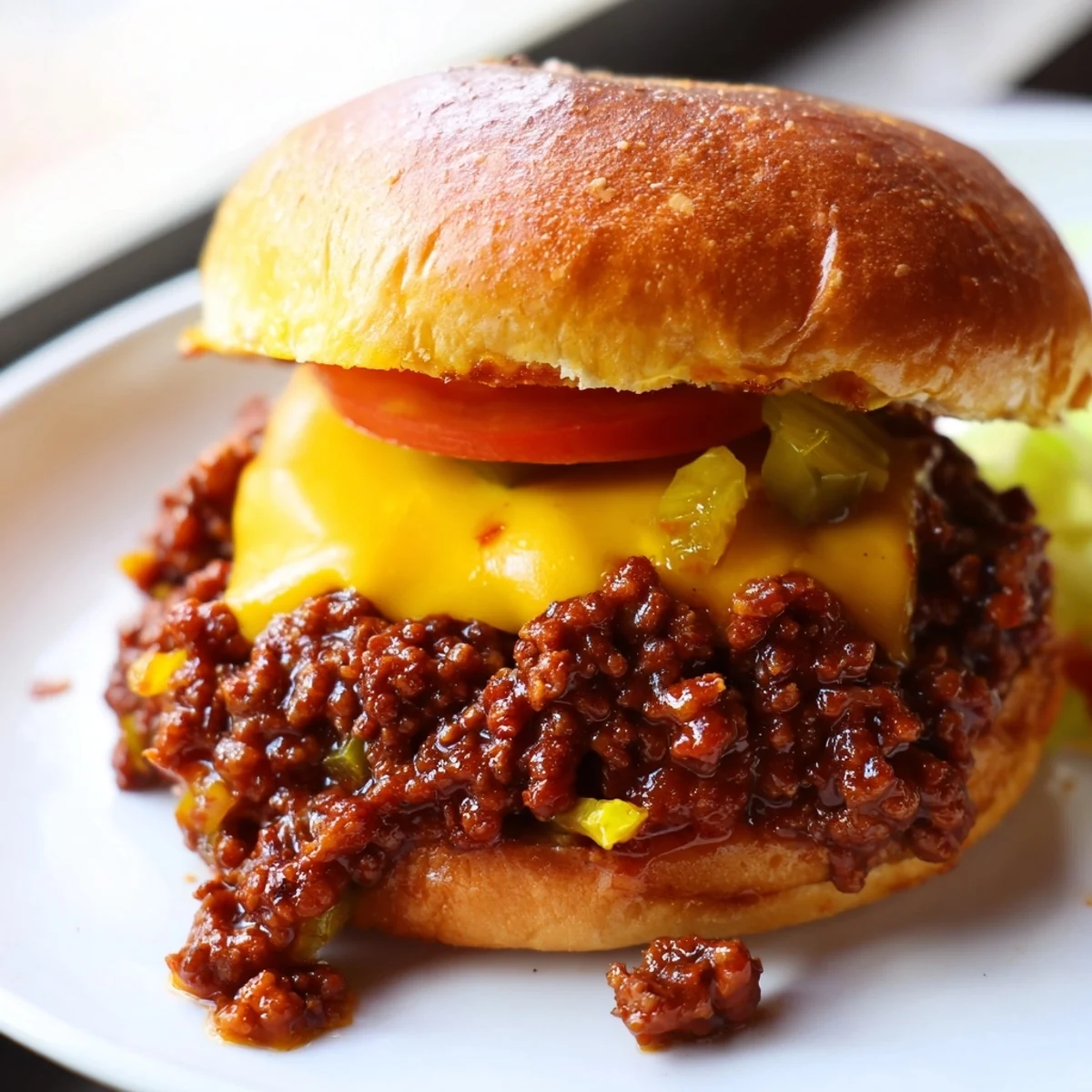 Smash Burger Sloppy Joes served in a buttery bun with tangy pickle-studded beef and gooey cheese