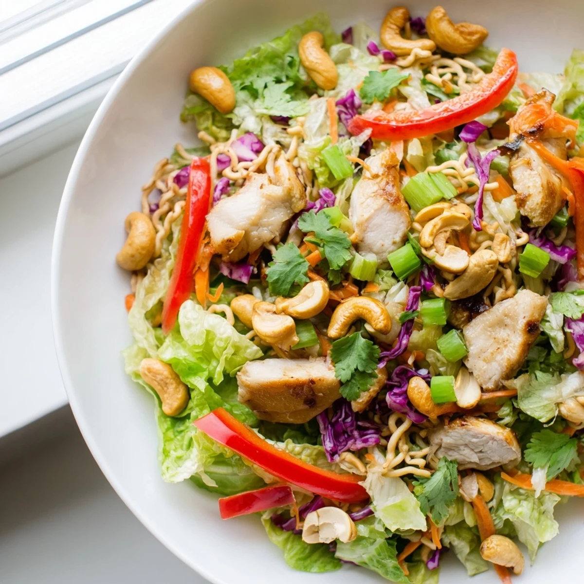 Sliced chicken over crisp romaine and red cabbage in Chicken Cashew Crunch Salad
