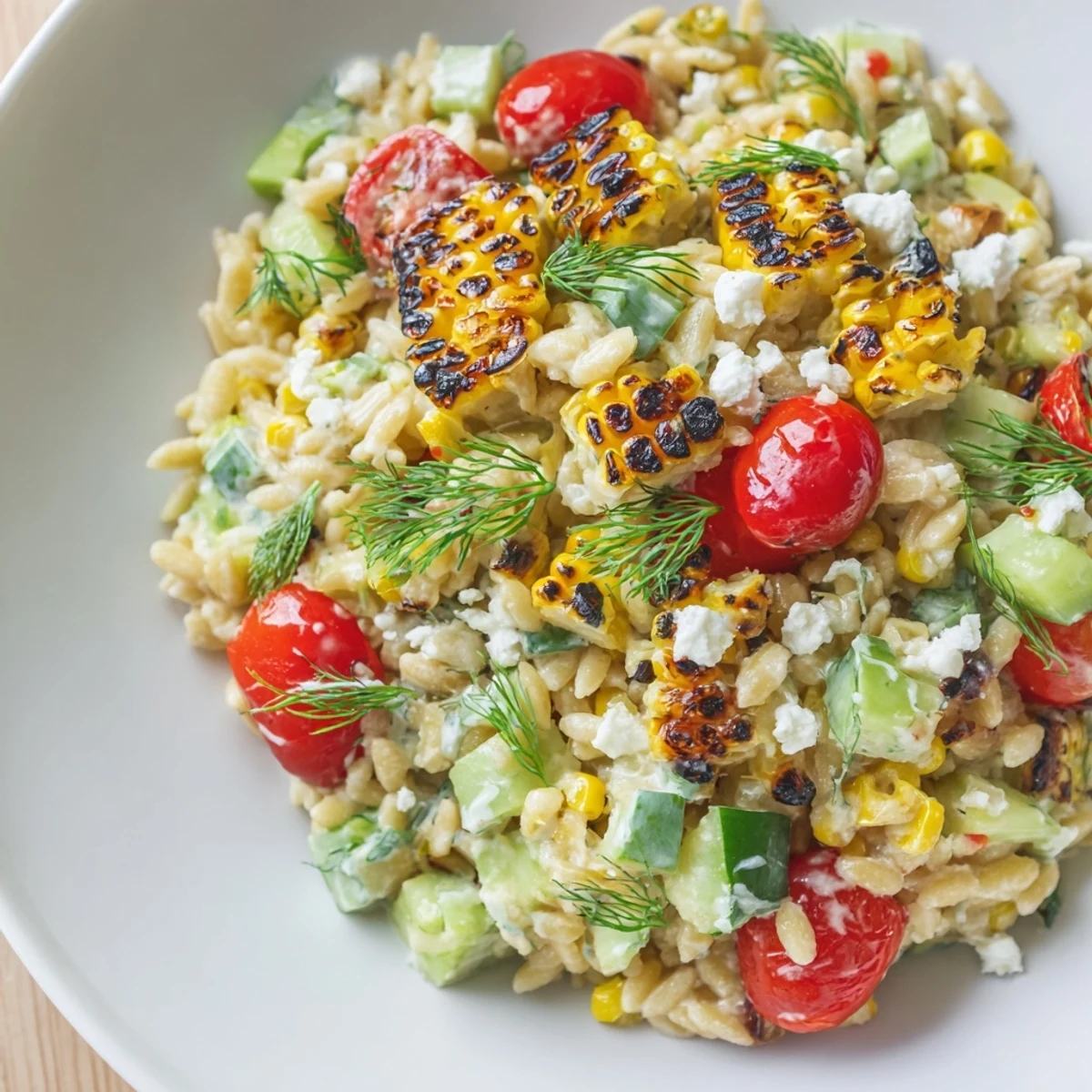 Golden grilled corn orzo salad tossed in creamy scallion dill dressing on a rustic plate