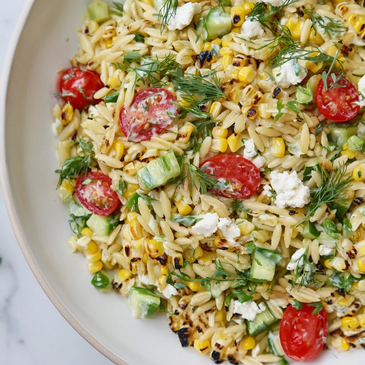 Smoky charred corn and tender orzo pasta glistening with bright herb dressing in a bowl