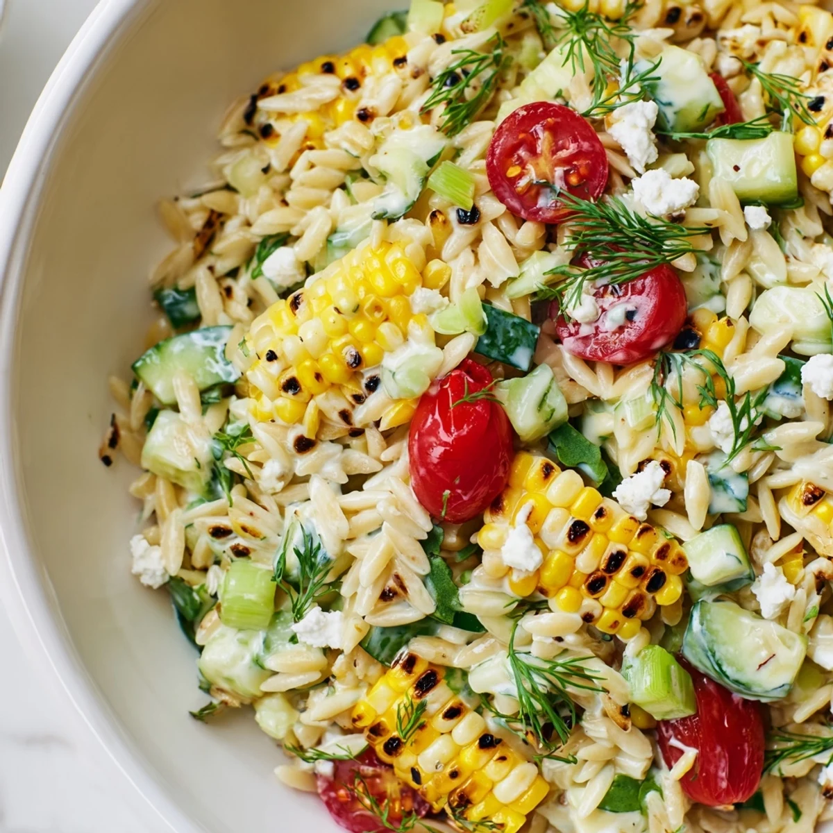 Vibrant grilled corn orzo salad with cherry tomatoes arugula and tangy scallion dill dressing served fresh