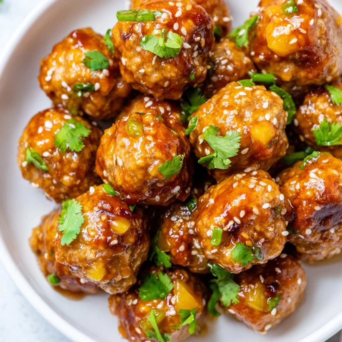 Golden Sweet Pineapple Chicken Meatballs drizzled with glossy sauce on a white platter