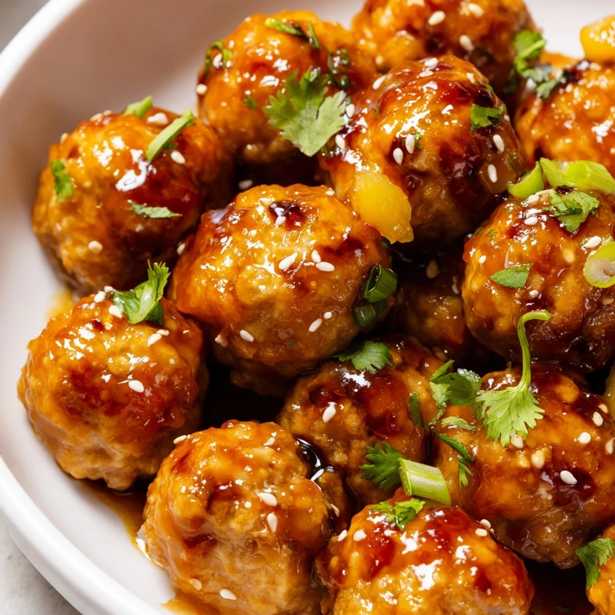 Skewered Sweet Pineapple Chicken Meatballs garnished with sesame seeds and fresh cilantro