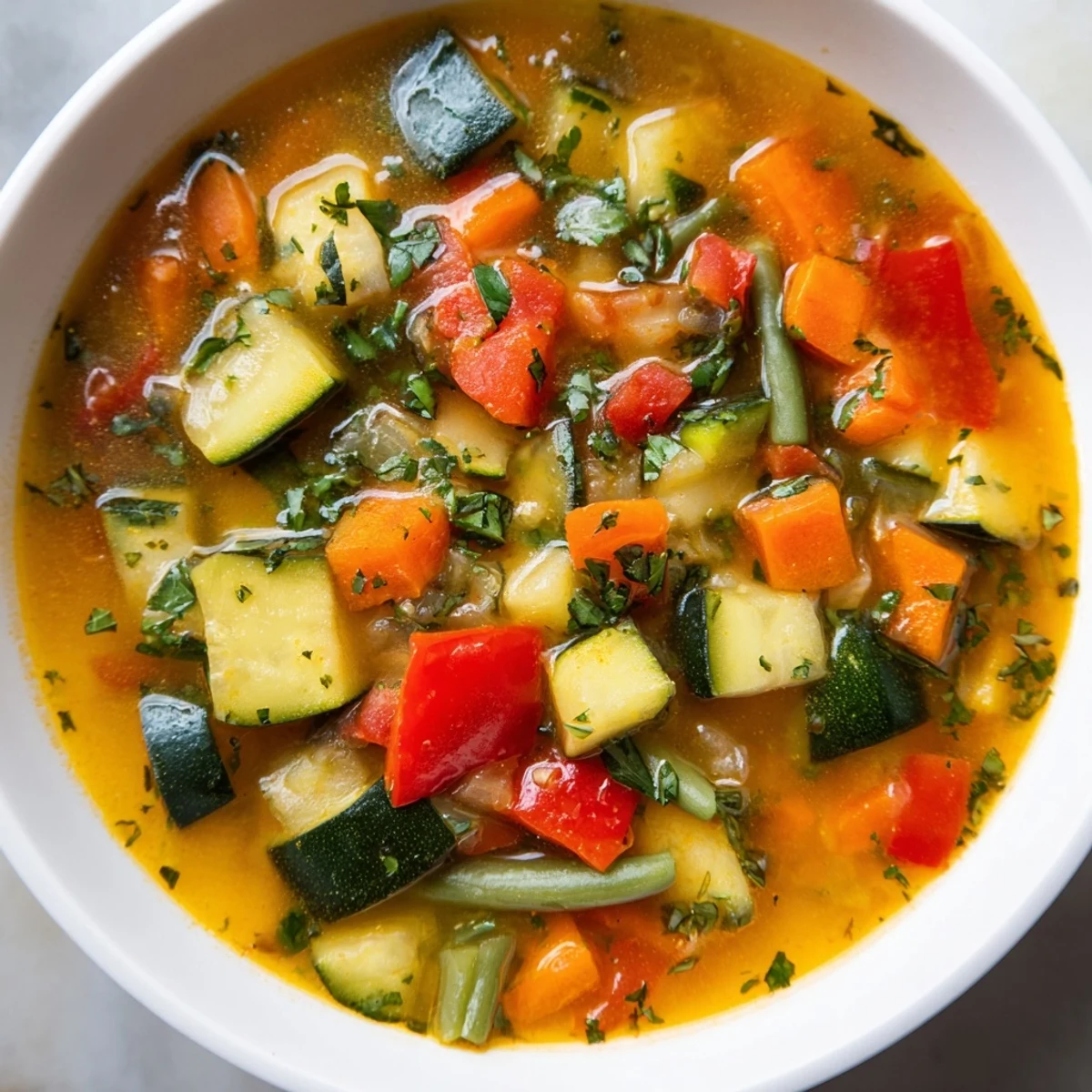 Steaming bowl of Mediterranean Soup topped with fresh parsley and lemon