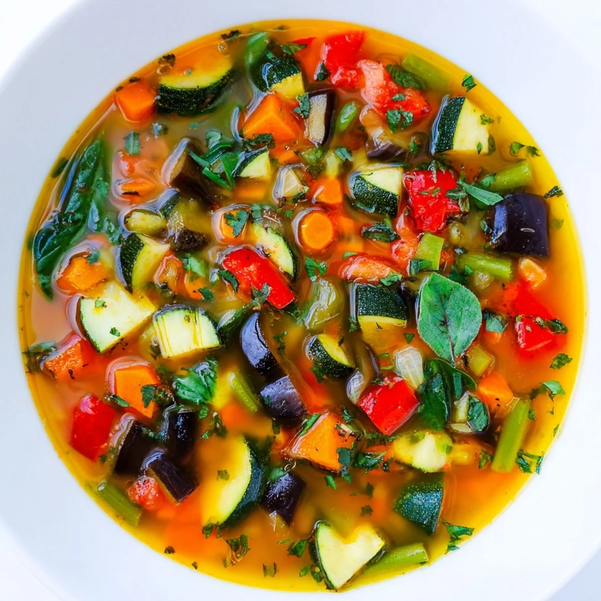 Colorful Mediterranean Soup brimming with tender vegetables in herb-infused golden broth