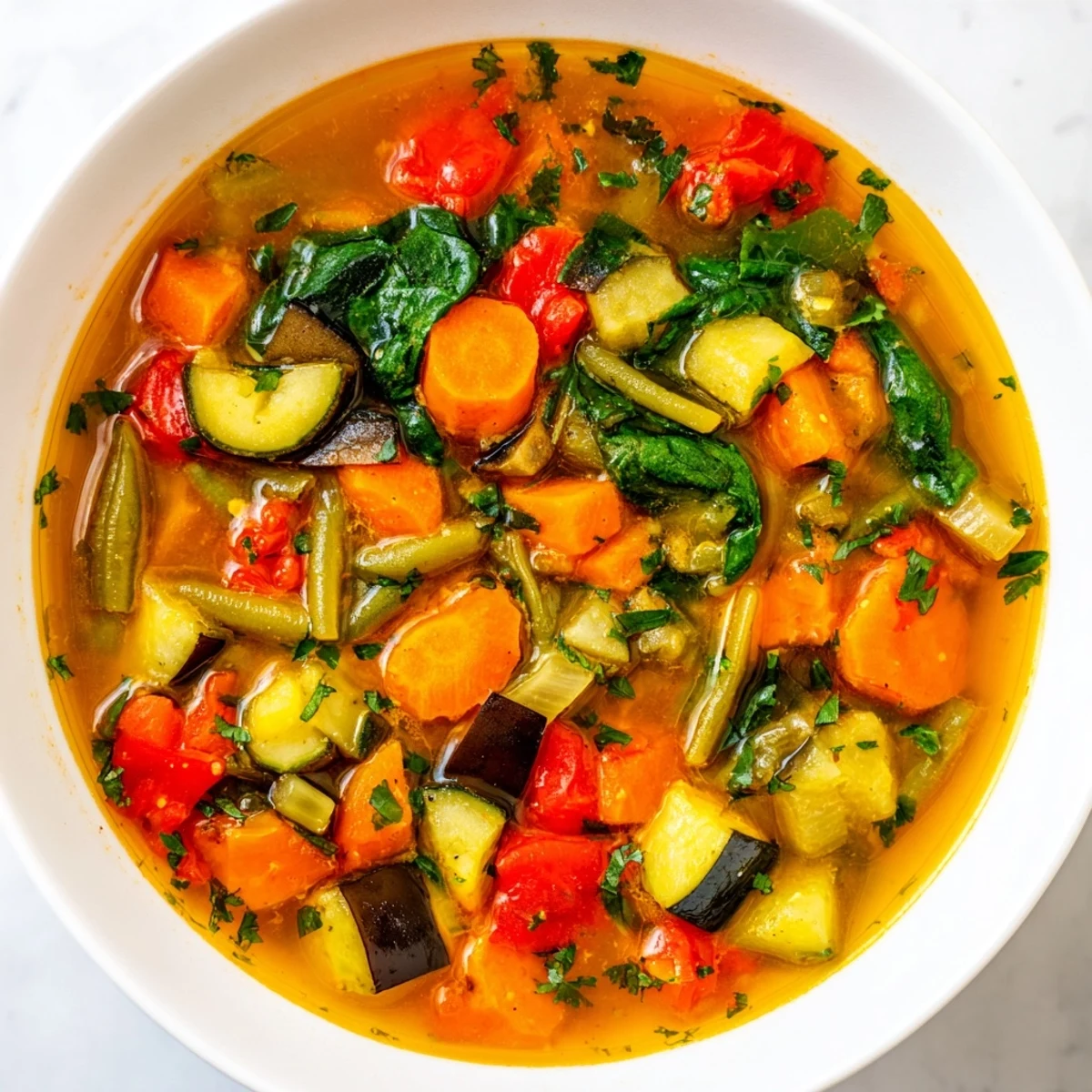 A vibrant ladleful of Mediterranean Soup garnished with chopped parsley and served in a rustic ceramic bowl