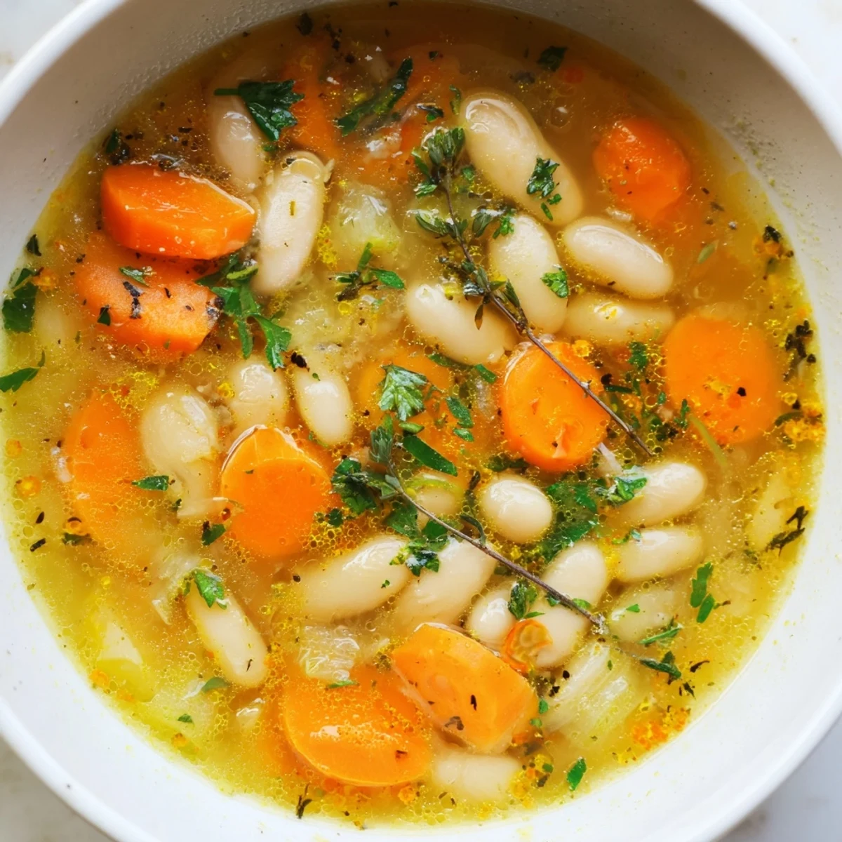 Steaming bowl of brothy carrot butter bean soup topped with fresh parsley and a golden olive oil drizzle