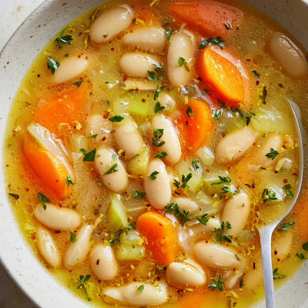 Creamy butter beans and tender carrot slices float in a fragrant herb-filled golden brothy carrot butter bean soup