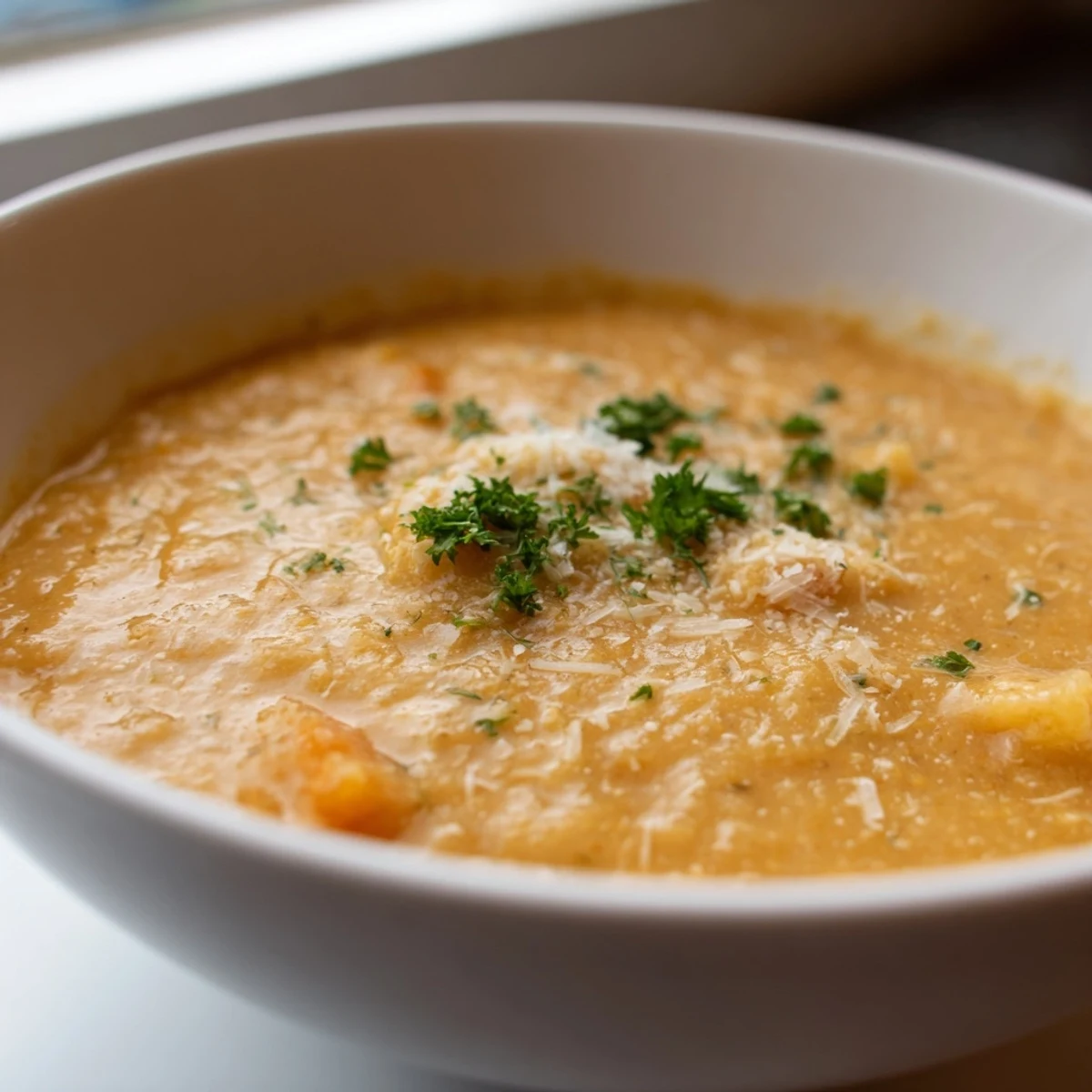 Creamy vegetable soup in a rustic bowl topped with fresh parsley and crusty bread