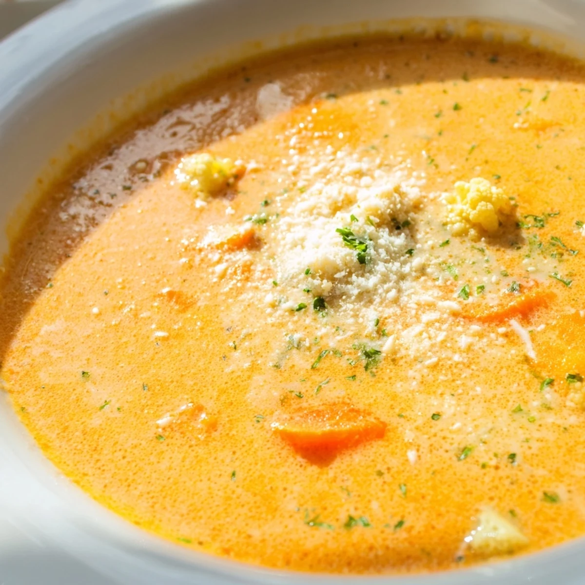 Steaming bowl of creamy vegetable soup with vibrant orange carrots and tender potatoes