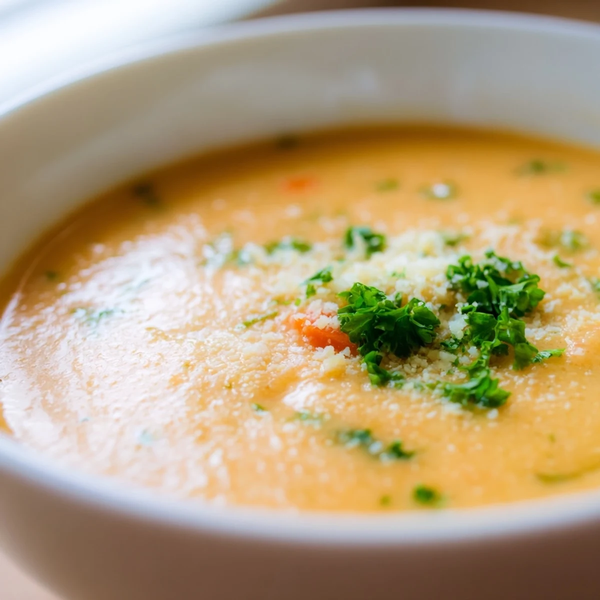 Velvety creamy vegetable soup ladled into a white mug with grated Parmesan garnish