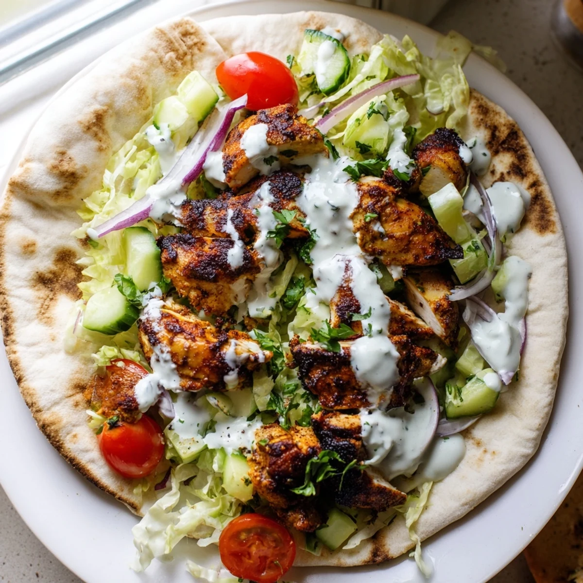Juicy Flavor Packed Chicken Pitas with crisp veggies and creamy yogurt sauce