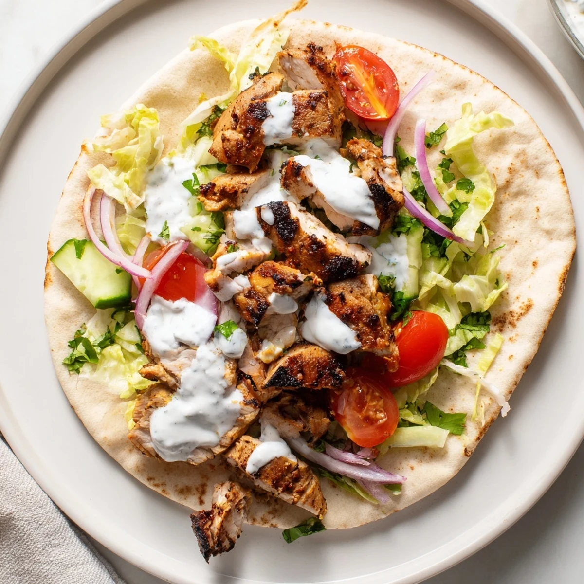 Warm Flavor Packed Chicken Pitas overflowing with spiced meat and fresh toppings
