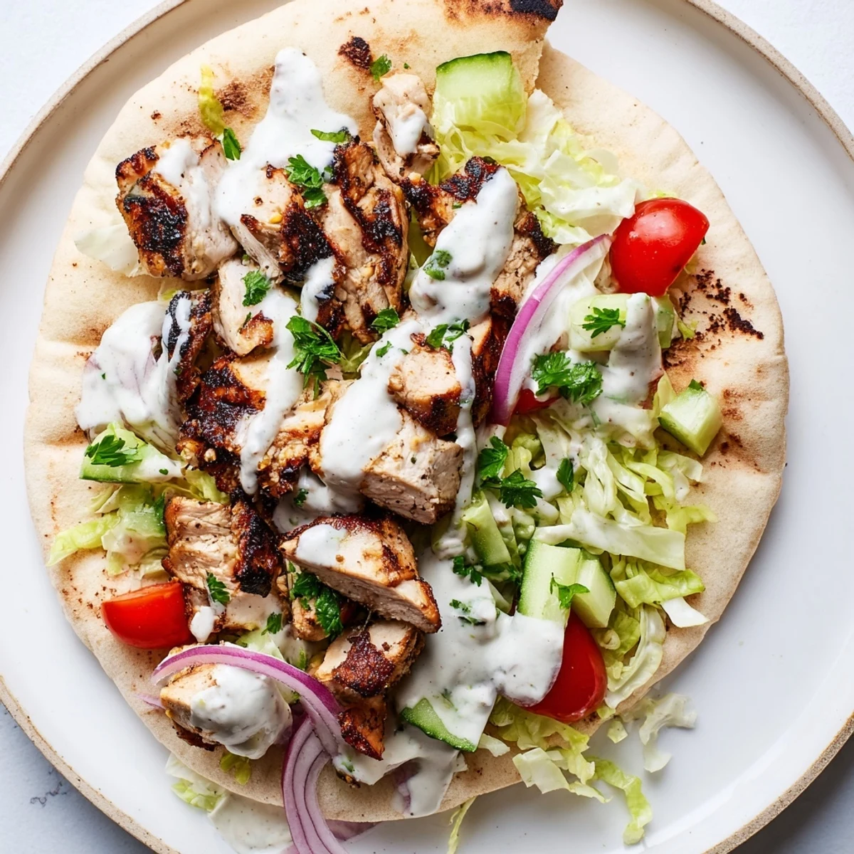 Golden marinated chicken tucked into soft pita bread with tangy herb sauce