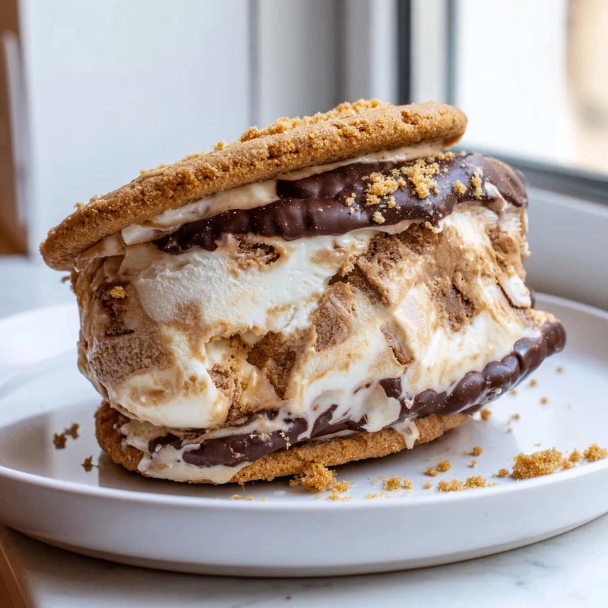 Creamy Biscoff ice cream sandwiches with melted chocolate drizzle and spiced cookie crumbs