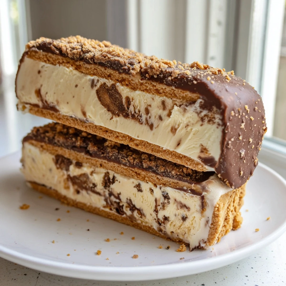 Golden Biscoff cookies hugging swirled caramel ice cream on a chilled parchment sheet