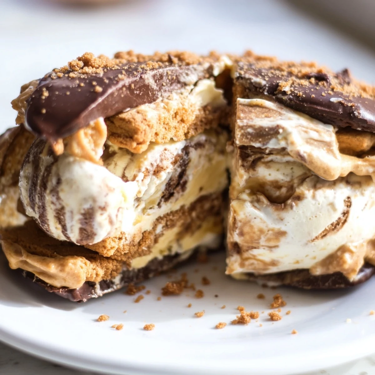 Indulgent Biscoff ice cream sandwiches dipped in rich chocolate with crunchy cookie garnish