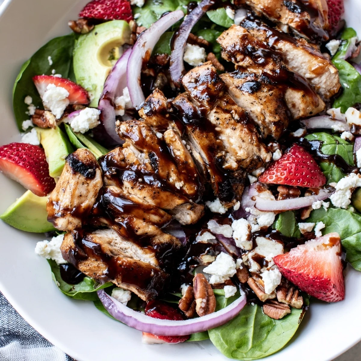 Creamy goat cheese and crunchy pecans top a colorful Strawberry Chicken Salad platter