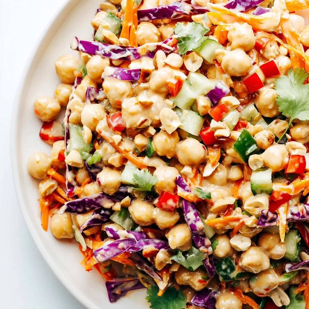 Crunchy Thai Chickpea Salad served in a bowl with vibrant purple cabbage and peanuts