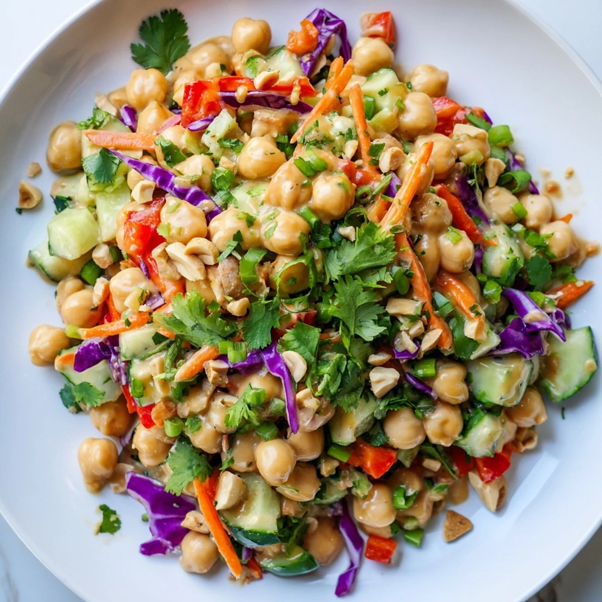 A colorful close-up of Crunchy Thai Chickpea Salad drizzled with creamy peanut dressing