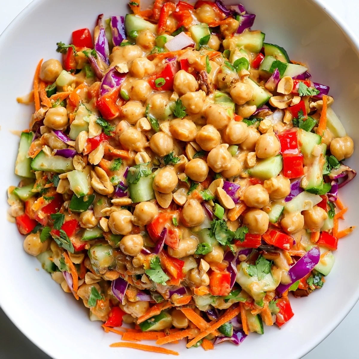 Crunchy Thai Chickpea Salad piled on a plate with fresh cilantro and lime wedges
