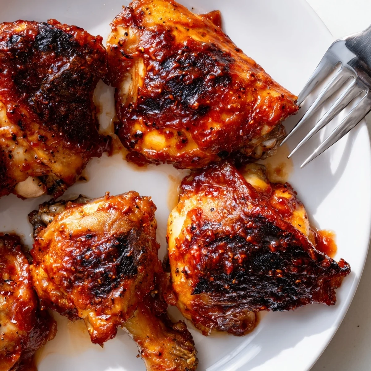 Charred barbecue chicken glistening with sticky sauce on a hot outdoor grill