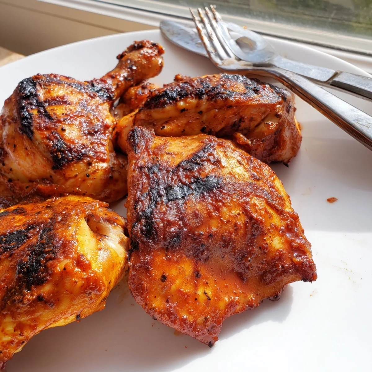 Golden barbecue chicken pieces resting on a rustic wooden serving platter