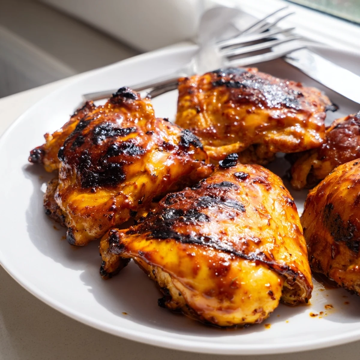 Smoky barbecue chicken with caramelized glaze alongside creamy coleslaw and cornbread