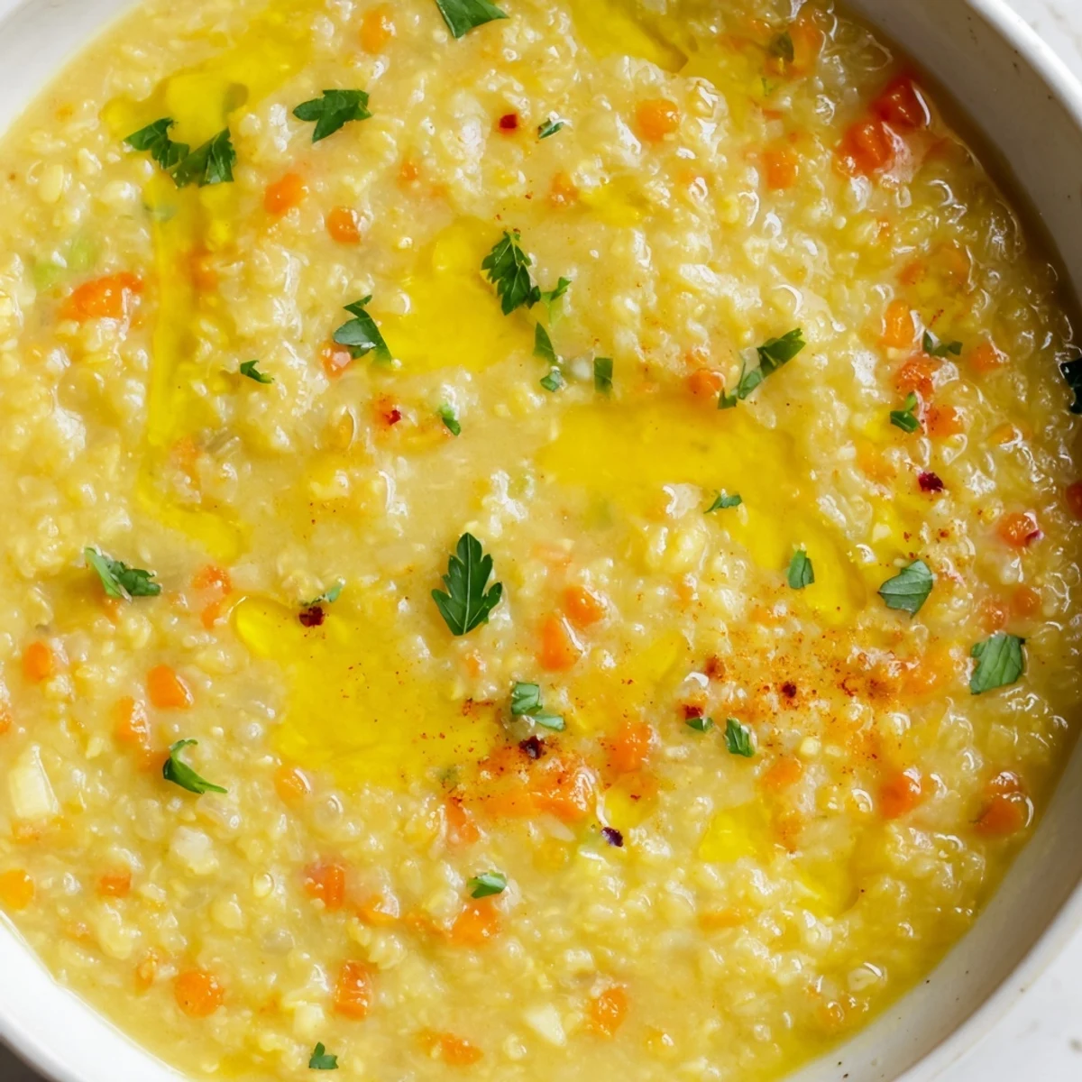 Golden lemon lentil soup simmering with aromatic cumin and fresh herbs in a rustic bowl