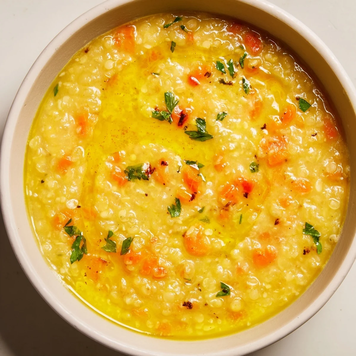 Creamy lemon lentil soup topped with parsley and a bright citrus wedge
