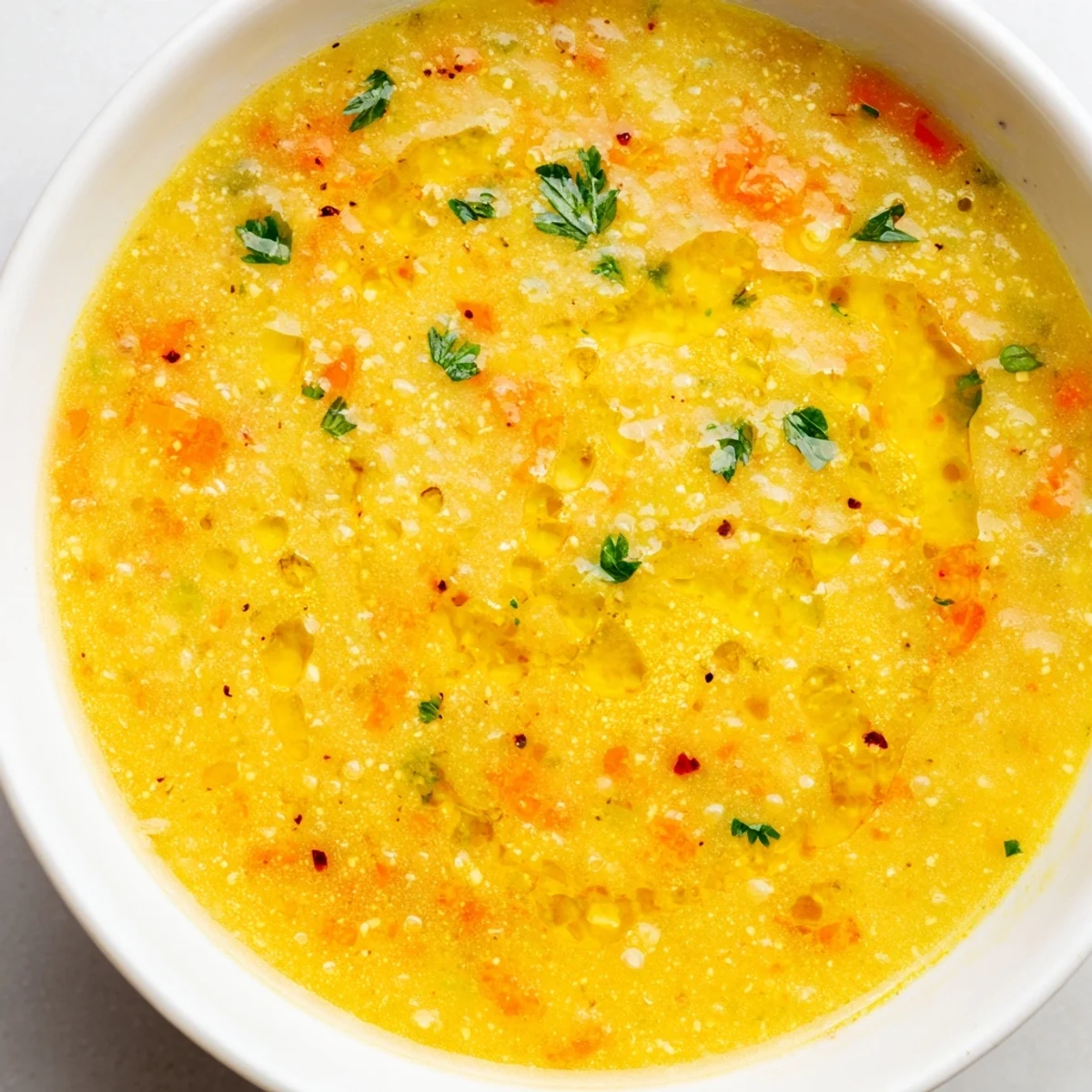 Steaming bowl of lemon lentil soup with tender vegetables and a swirl of olive oil