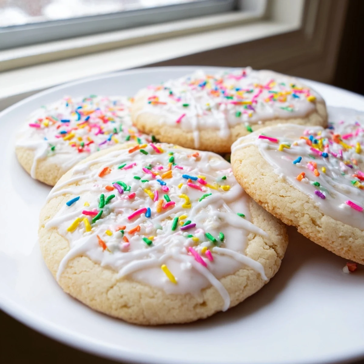 Soft buttery sugar cookies dusted with powdered sugar on a white ceramic plate