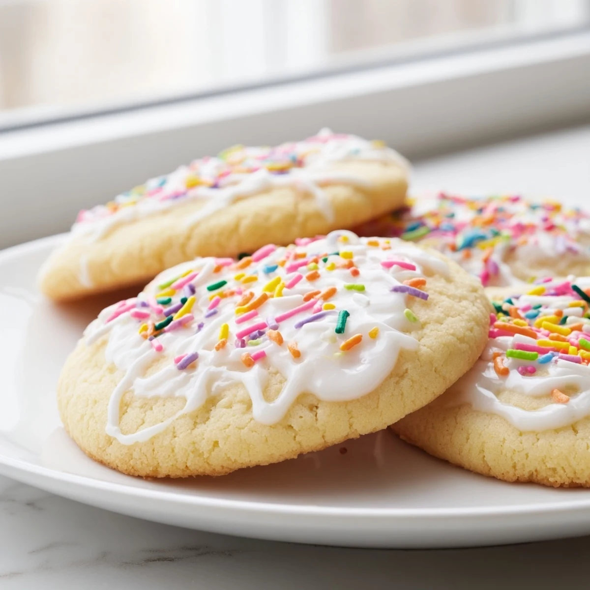 Freshly baked sugar cookies decorated with colorful icing displayed on a wire cooling rack