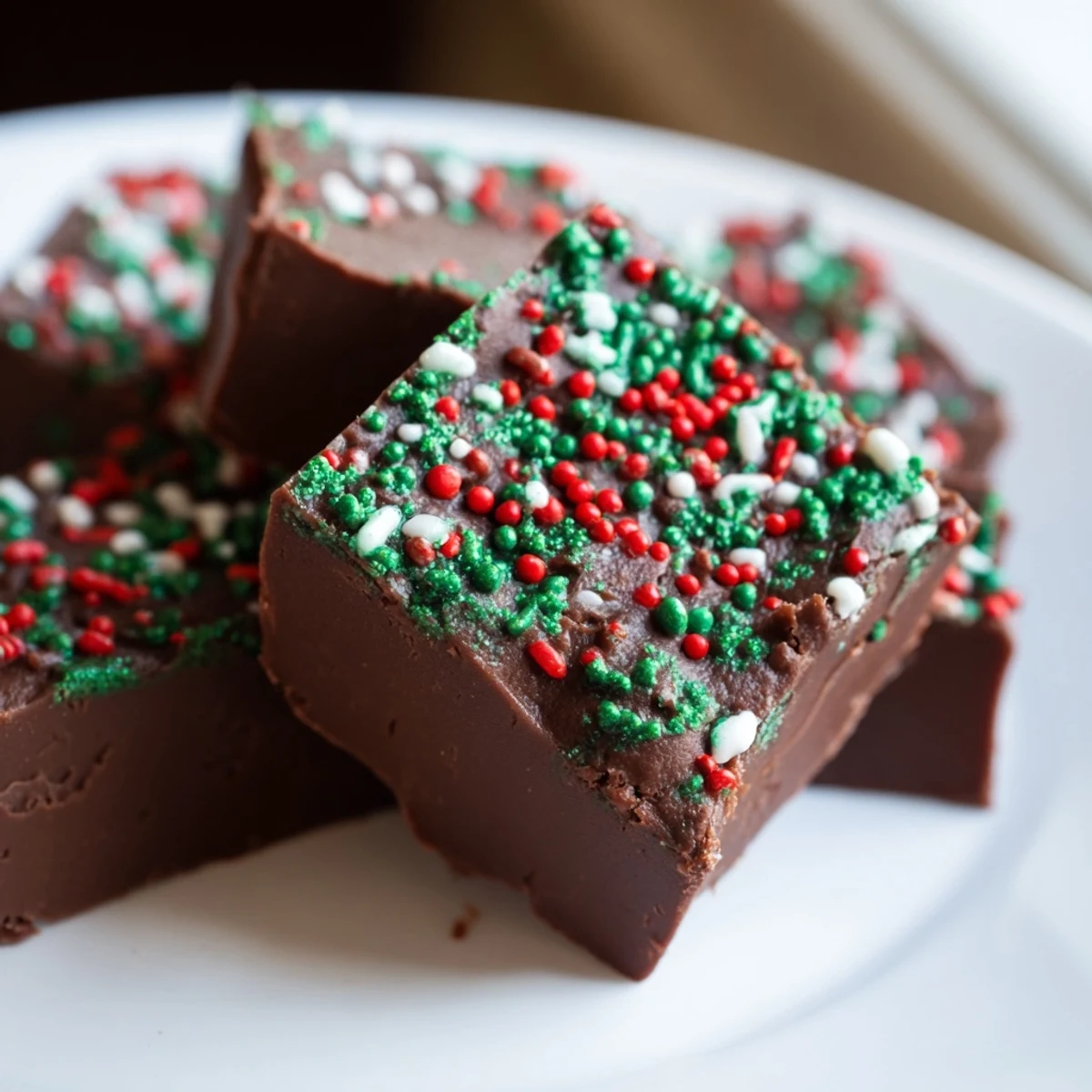 Rich chocolate Christmas fudge with sprinkles chilled and ready for holiday serving