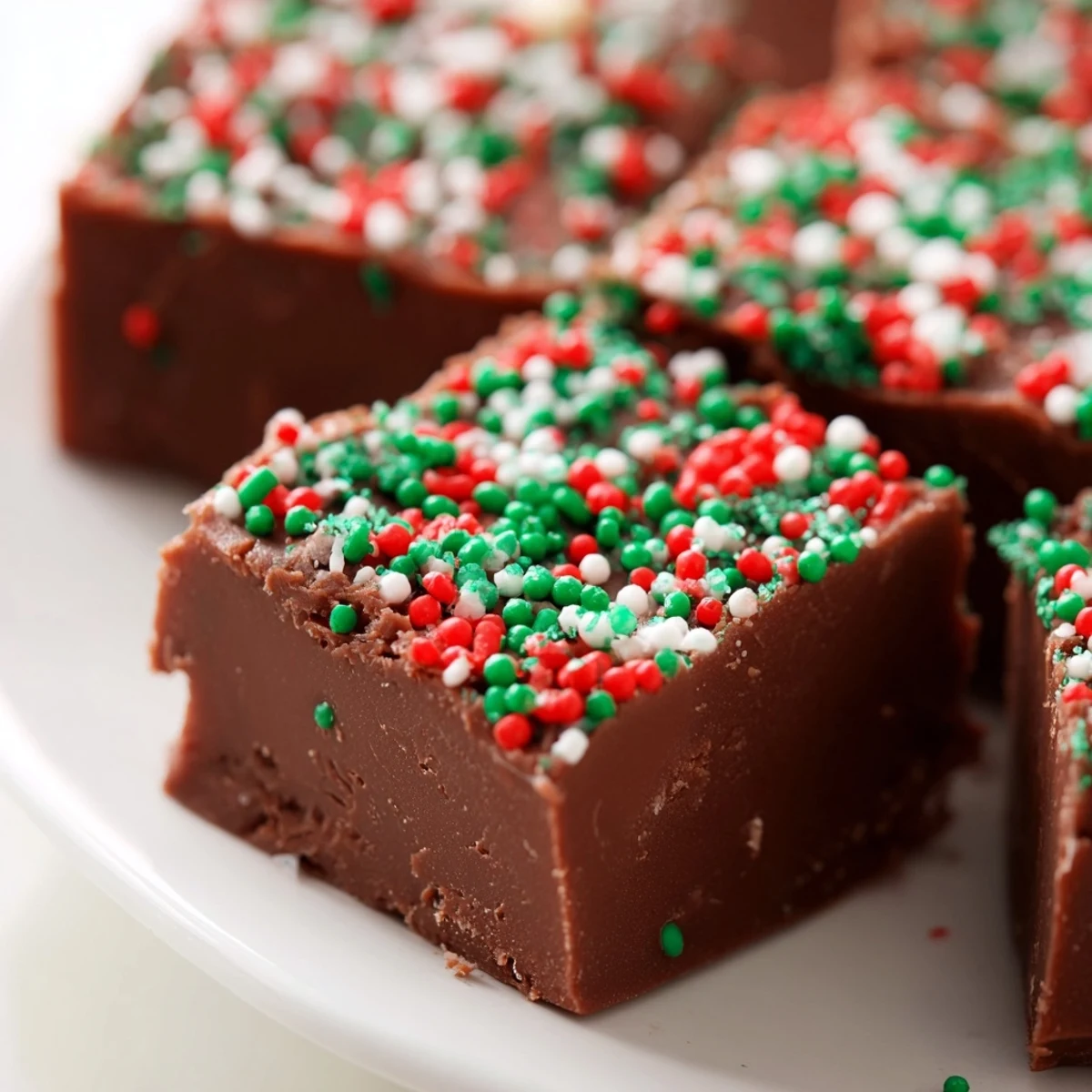 Creamy Christmas fudge with sprinkles cut into squares on a rustic cutting board