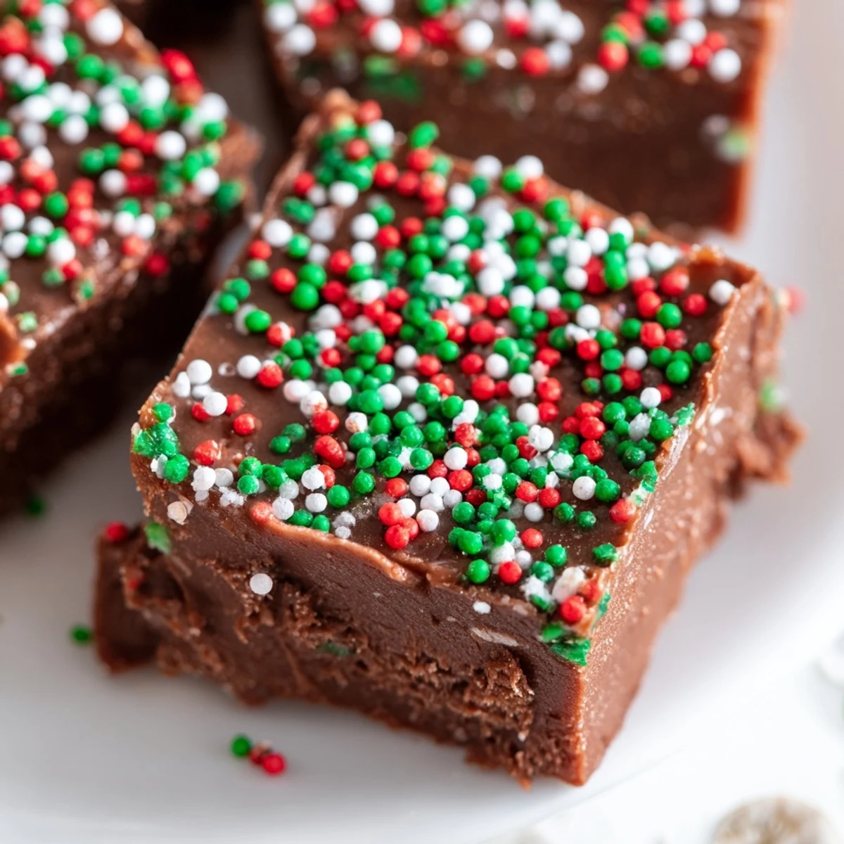 Smooth and decadent Christmas fudge with sprinkles glistening atop each perfect piece