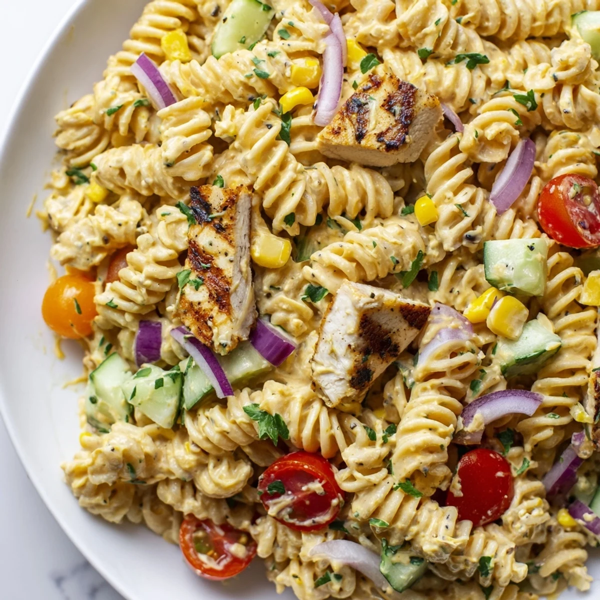 Golden seared chicken slices atop honey mustard chicken pasta salad with fresh cherry tomatoes