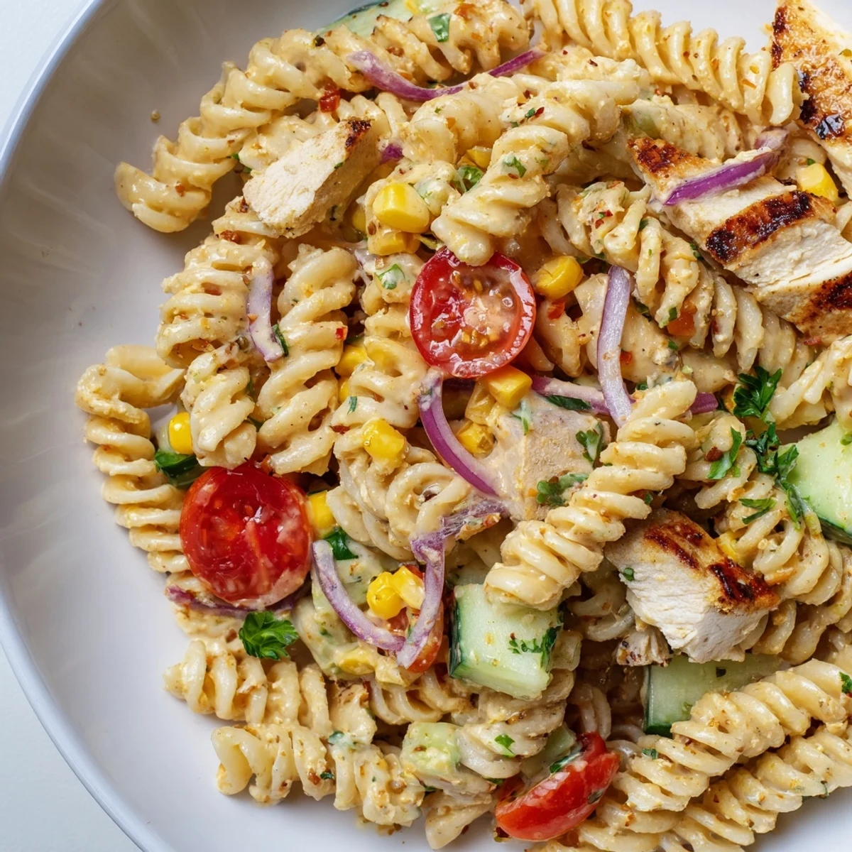 Close-up of honey mustard chicken pasta salad drizzled with tangy dressing and sprinkled parsley